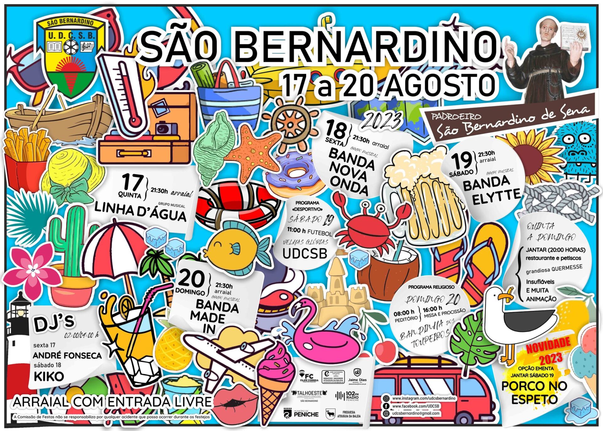 Cartaz das festas de São Bernardino, de 17 a 20 de agosto de 2023, com arraiais, música, desporto e programa religioso. Anuncia entrada livre.