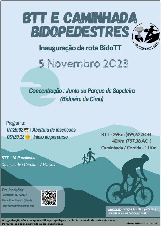 Cartaz de um evento de BTT e caminhada dos Bidopedestres, para inaugurar a rota BidoTT em 5 de novembro de 2023. Indica concentração junto ao Parque da Sapateira, em Bidoeira de Cima, e apresenta percursos e horários.