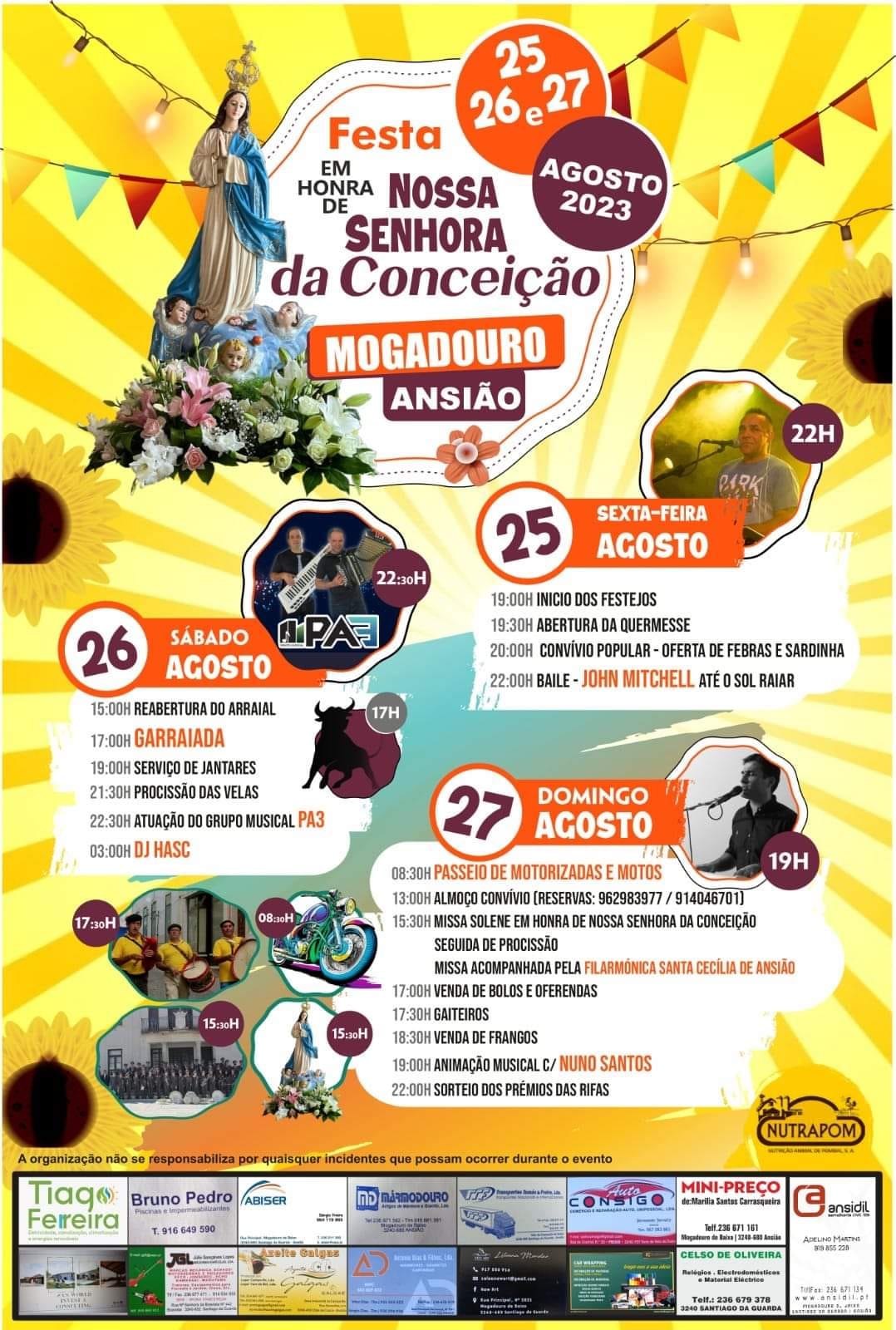 Cartaz da Festa em Honra de Nossa Senhora da Conceição, em Mogadouro, Ansião, de 25 a 27 de agosto de 2023. Apresenta o programa religioso e as atividades festivas, incluindo procissão, garraiada e atuações musicais.