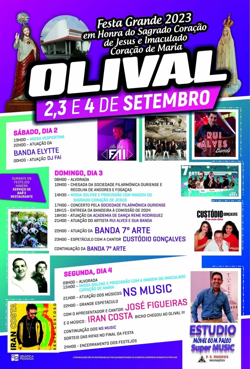 Cartaz da Festa Grande 2023, em Olival, em honra do Sagrado Coração de Jesus e do Imaculado Coração de Maria. Anuncia o programa de 2 a 4 de setembro, com celebrações religiosas, música e dança.
