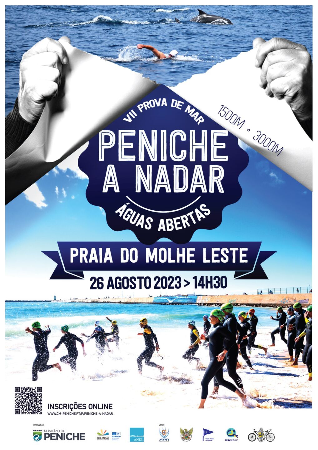 Cartaz da VII Prova de Mar «Peniche a Nadar», uma prova de natação em águas abertas na Praia do Molhe Leste. O cartaz anuncia as distâncias de 1500 m e 3000 m para 26 de agosto de 2023, às 14h30.