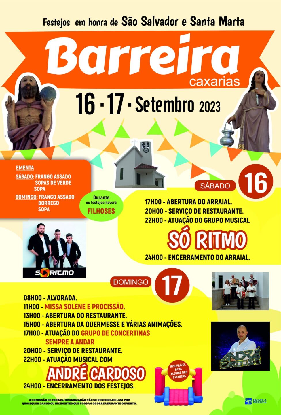 Cartaz dos festejos em honra de São Salvador e Santa Marta, na Barreira, Caxarias, a 16 e 17 de setembro de 2023. Apresenta o programa religioso e de animação, com atuações de Só Ritmo, Sempre a Andar e André Cardoso.