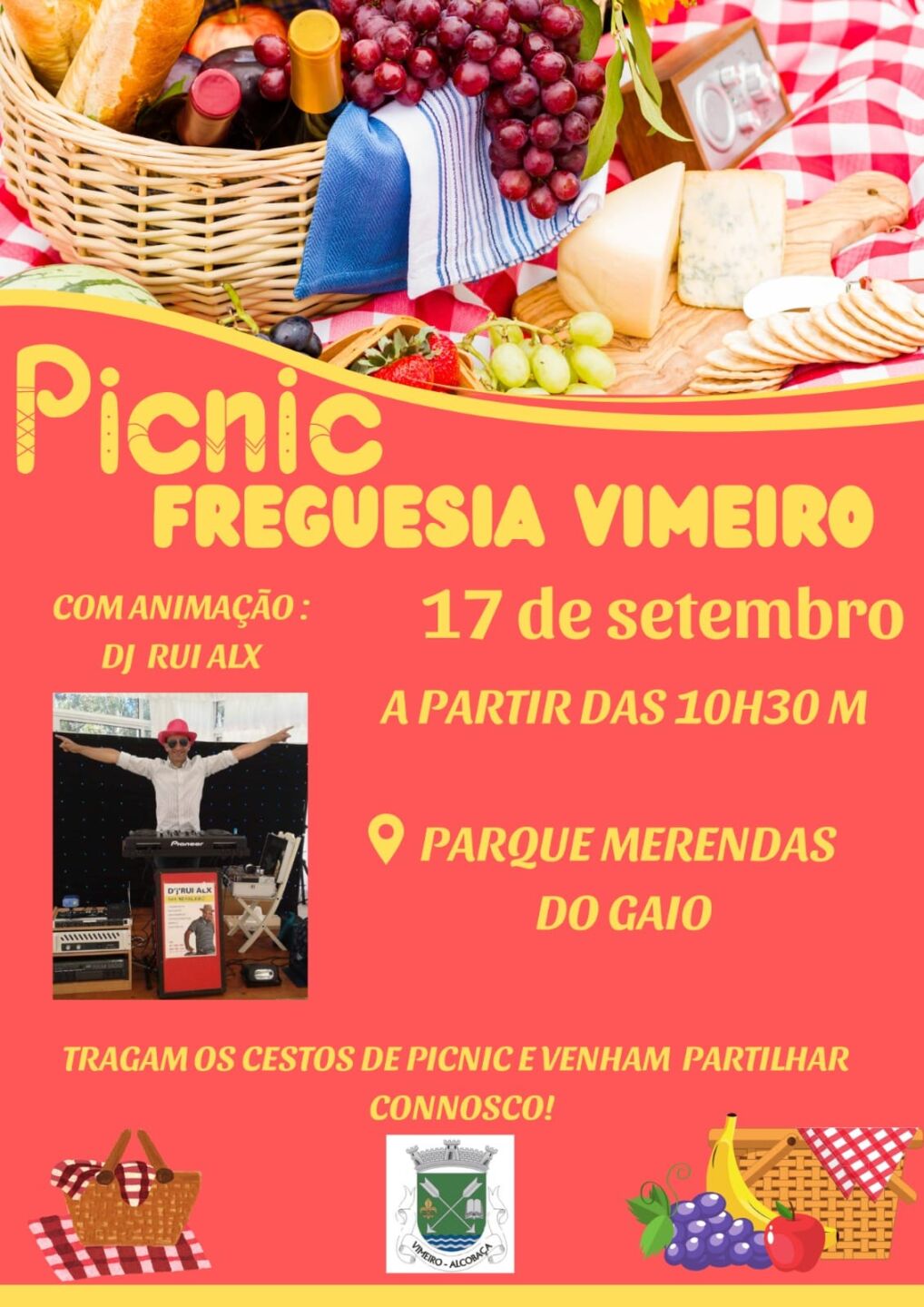Cartaz de um piquenique da freguesia do Vimeiro, marcado para 17 de setembro, a partir das 10h30, no Parque de Merendas do Gaio. Anuncia animação por DJ Rui Alx e convida os participantes a trazer cestos de piquenique para partilhar.