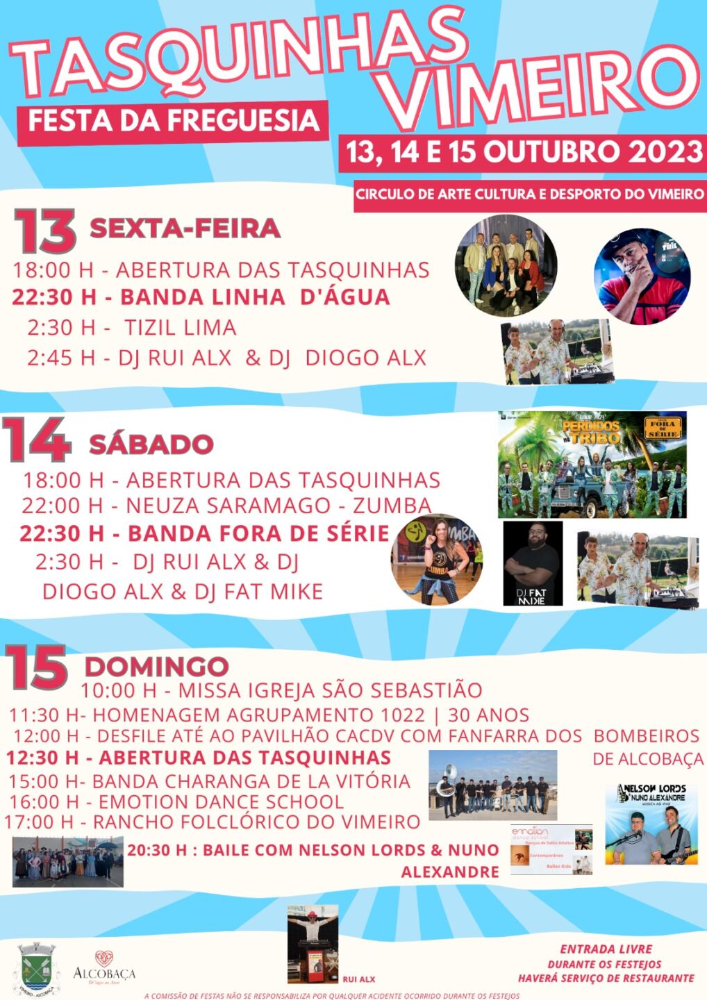 Cartaz das Tasquinhas do Vimeiro, festa da freguesia marcada para 13, 14 e 15 de outubro de 2023. Apresenta a programação de concertos, dança, desfile, missa e abertura das tasquinhas.