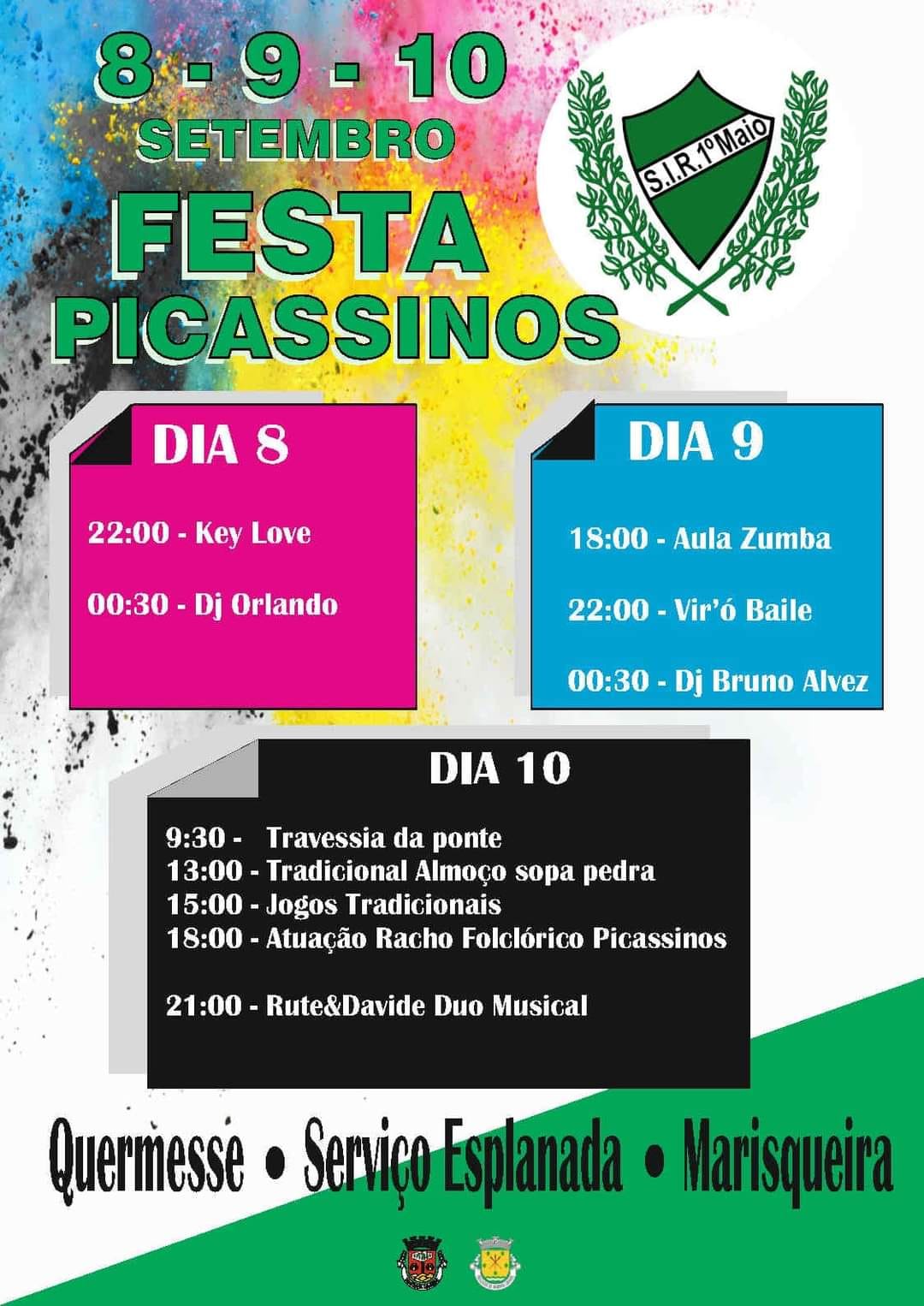 Cartaz da Festa Picassinos, anunciada para 8, 9 e 10 de setembro, com música, zumba, jogos tradicionais e almoço. O cartaz não indica o ano.