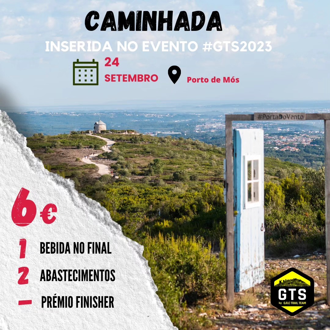 Cartaz de uma caminhada integrada no evento #GTS2023, anunciada para 24 de setembro em Porto de Mós. Indica o preço de 6 €, bebida no final, dois abastecimentos e prémio para quem concluir a prova.