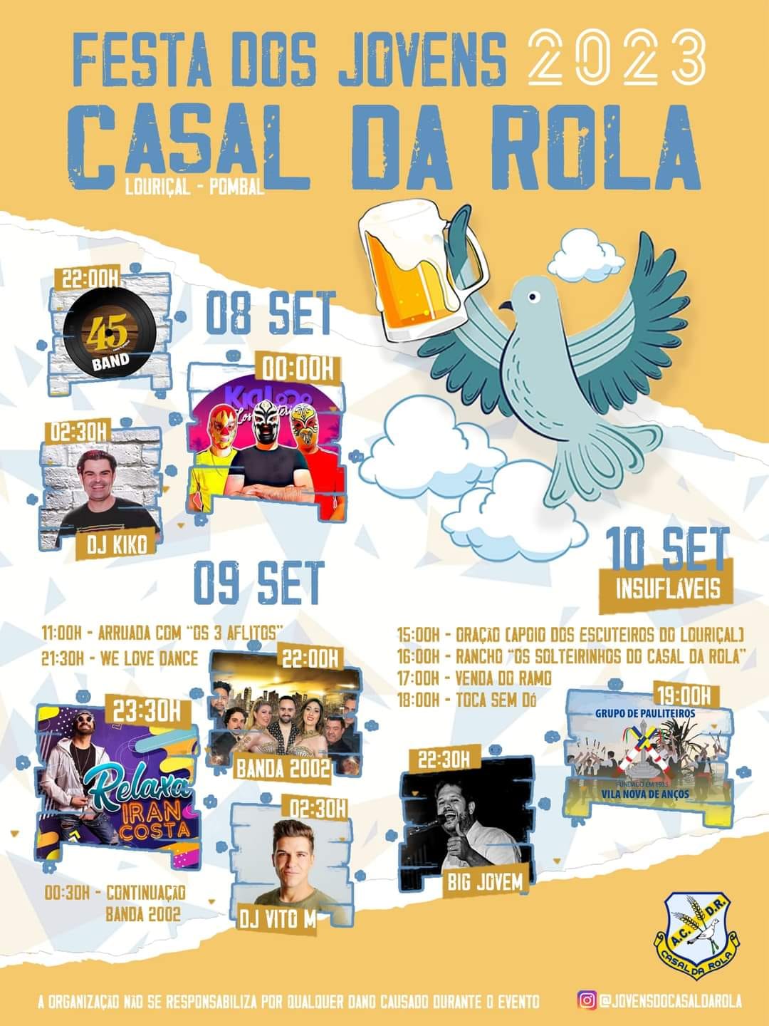 Cartaz da Festa dos Jovens 2023, em Casal da Rola, Lourical–Pombal, de 8 a 10 de setembro. Apresenta horários de música, dança e outras atividades.