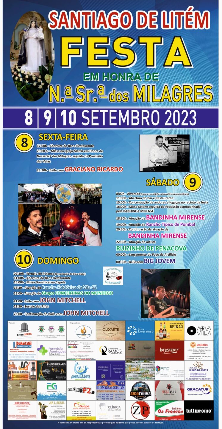 Cartaz da festa de Santiago de Litém em honra de Nossa Senhora dos Milagres, anunciada para 8, 9 e 10 de setembro de 2023. Apresenta o programa religioso e musical dos três dias.
