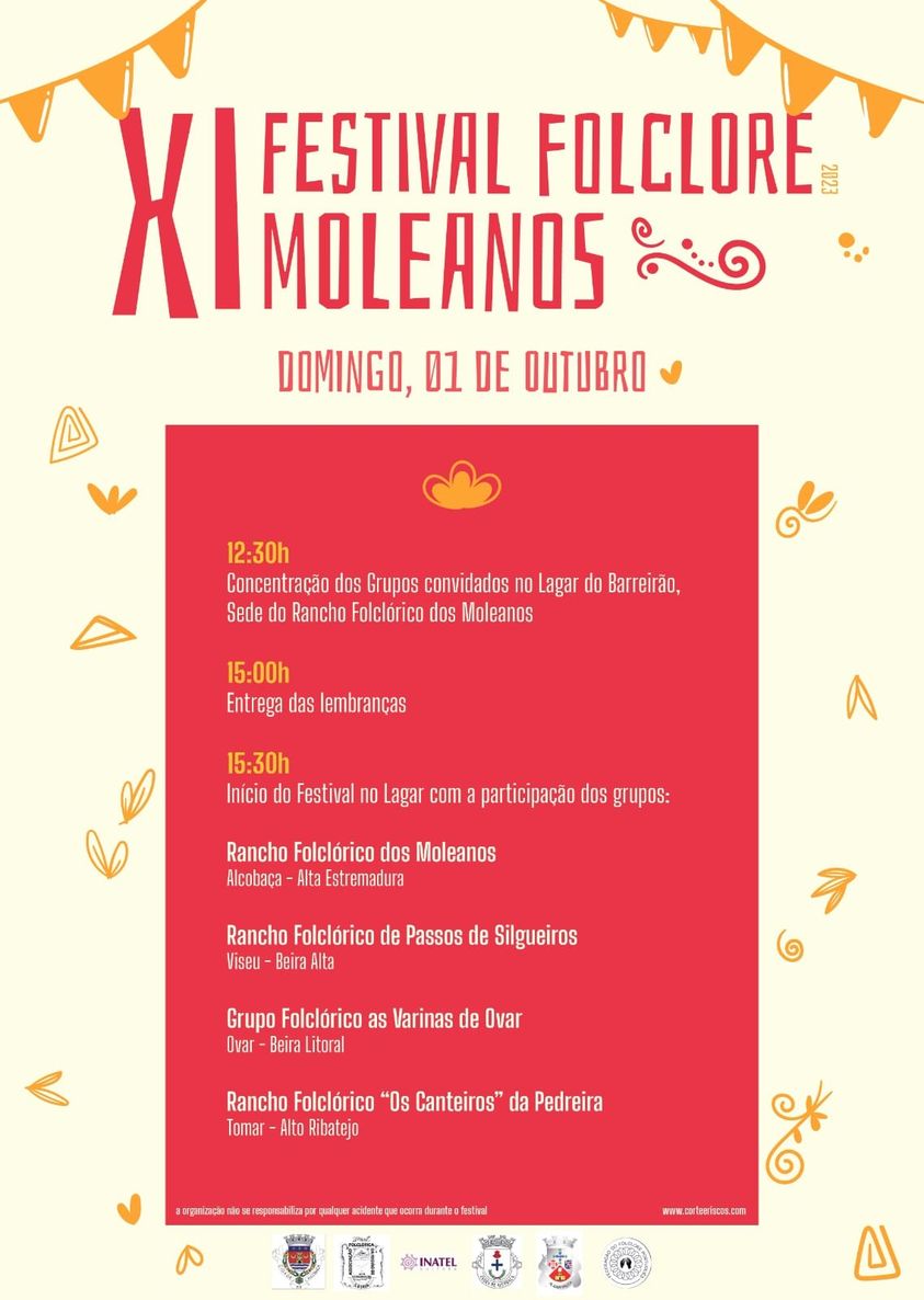 Cartaz do XI Festival de Folclore dos Moleanos, de 2023, marcado para domingo, 1 de outubro. Apresenta o programa e os grupos folclóricos participantes.