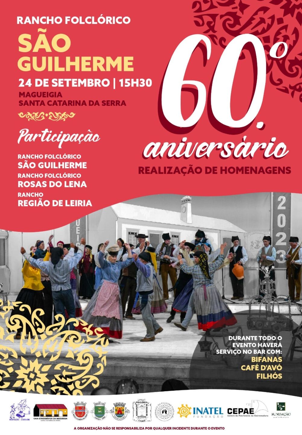 Cartaz do 60.º aniversário do Rancho Folclórico São Guilherme, com uma fotografia de dança e música tradicionais. Anuncia um evento a 24 de setembro, às 15h30, na Magueigia, Santa Catarina da Serra, com homenagens e participação de outros ranchos folclóricos.