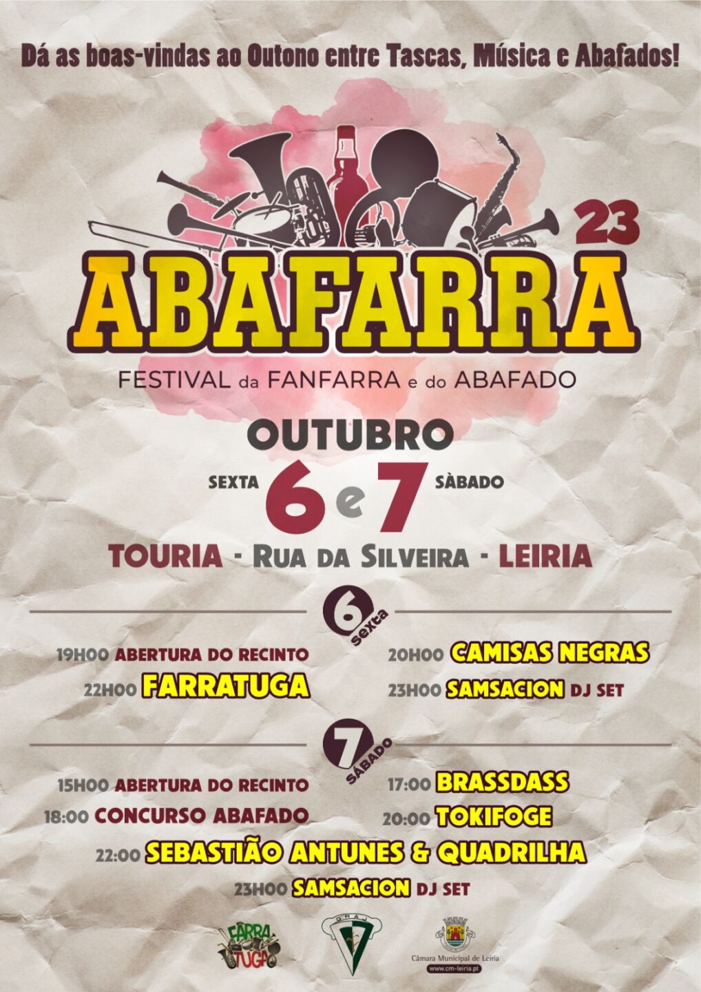 Cartaz da 23.ª edição do Abafarra, Festival da Fanfarra e do Abafado, nos dias 6 e 7 de outubro, na Touria, Leiria. Apresenta os horários das atuações e do concurso de abafado.