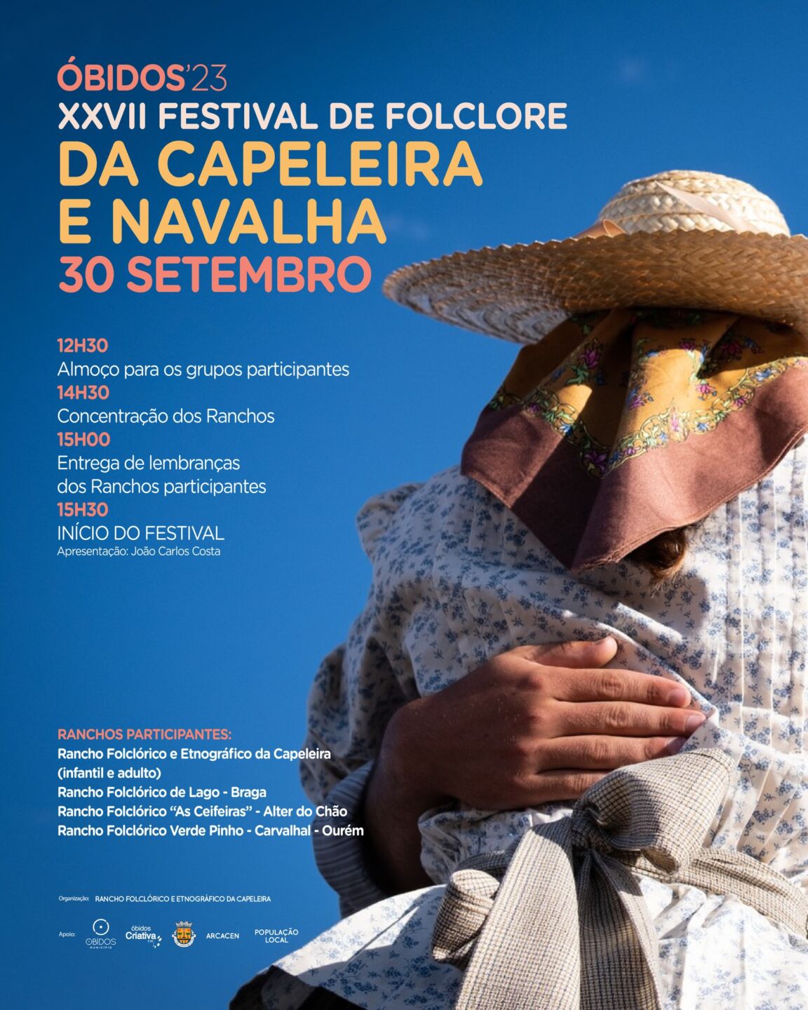 Cartaz do XXVII Festival de Folclore da Capeleira e Navalha, em Óbidos, anunciado para 30 de setembro de 2023. Apresenta o programa e os ranchos participantes, sobre uma fotografia de pessoas com trajes tradicionais.