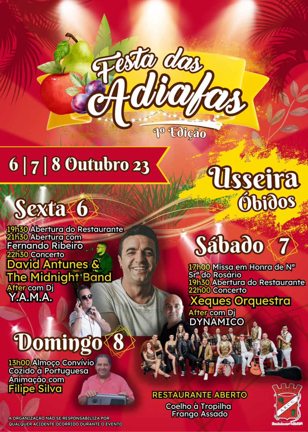 Cartaz da 1.ª edição da Festa dos Adiafos, em Usseira, Óbidos, de 6 a 8 de outubro de 2023. Anuncia concertos, missa, refeições e animação.