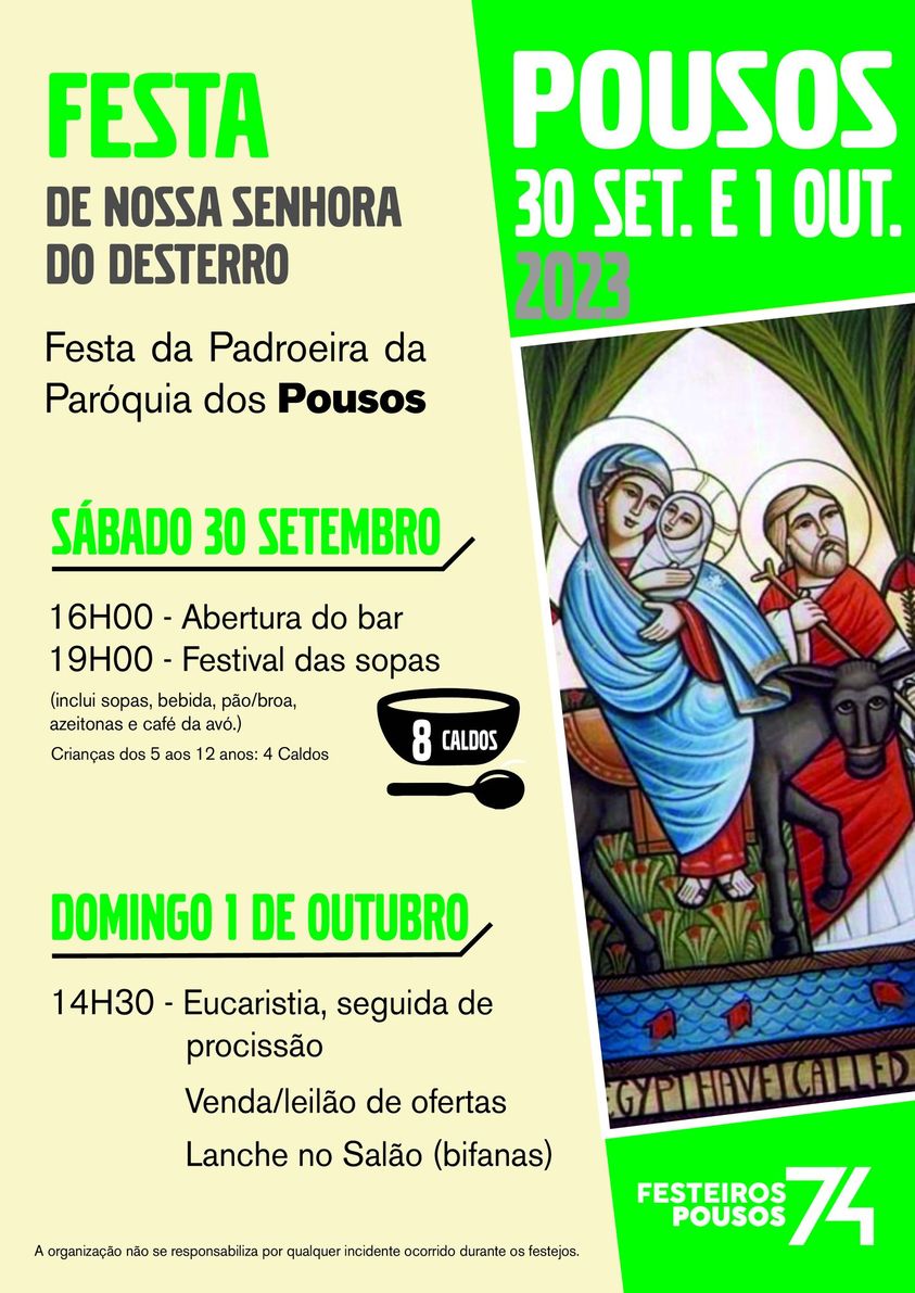 Cartaz da Festa de Nossa Senhora do Desterro, padroeira da Paróquia dos Pousos, realizada em 30 de setembro e 1 de outubro de 2023. O programa anuncia um festival das sopas, eucaristia, procissão e venda ou leilão de ofertas.