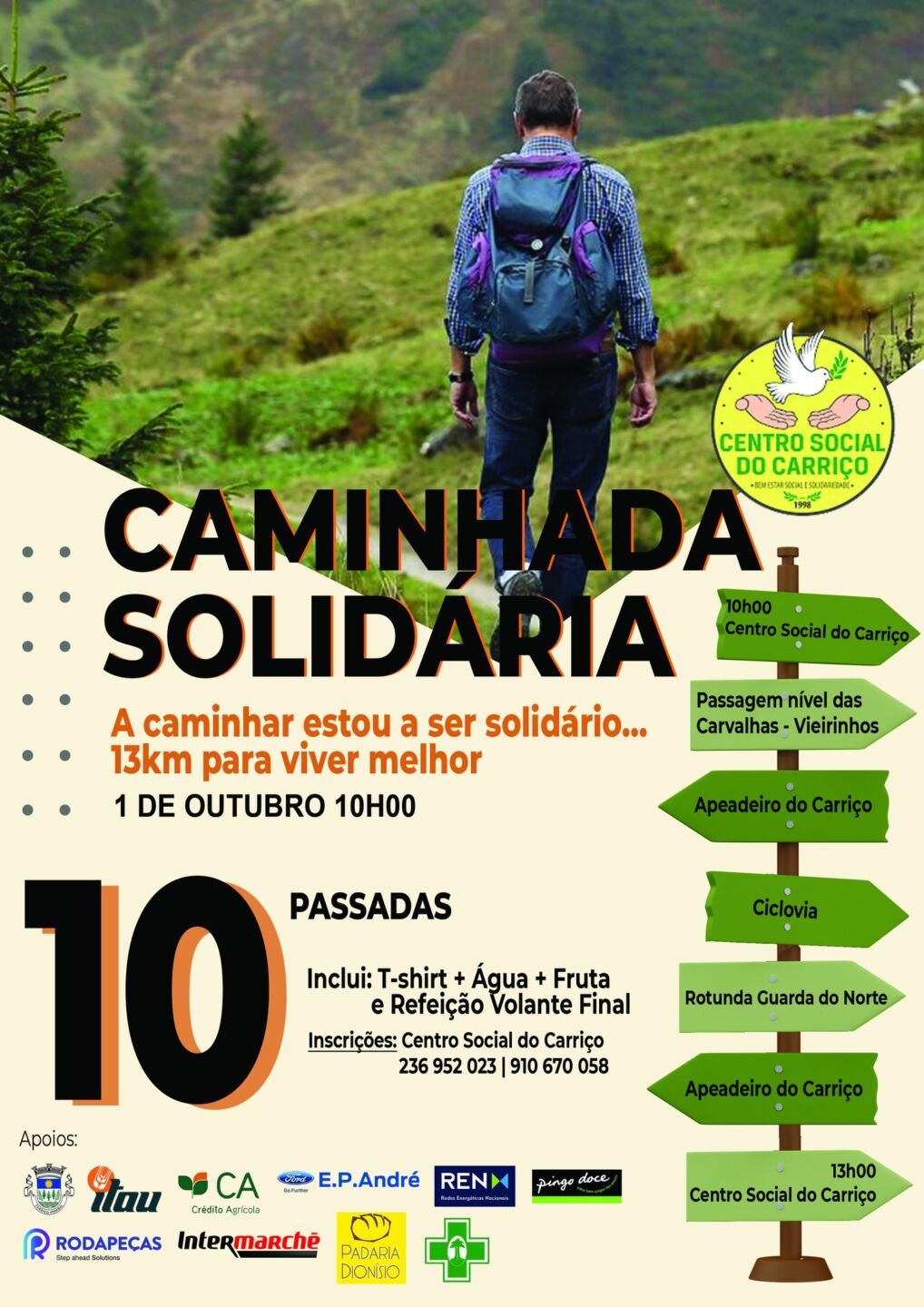 Cartaz de uma caminhada solidária de 13 km promovida pelo Centro Social do Carriço, marcada para 1 de outubro, às 10h00. A imagem mostra um caminhante de costas e apresenta o percurso e as informações de inscrição.