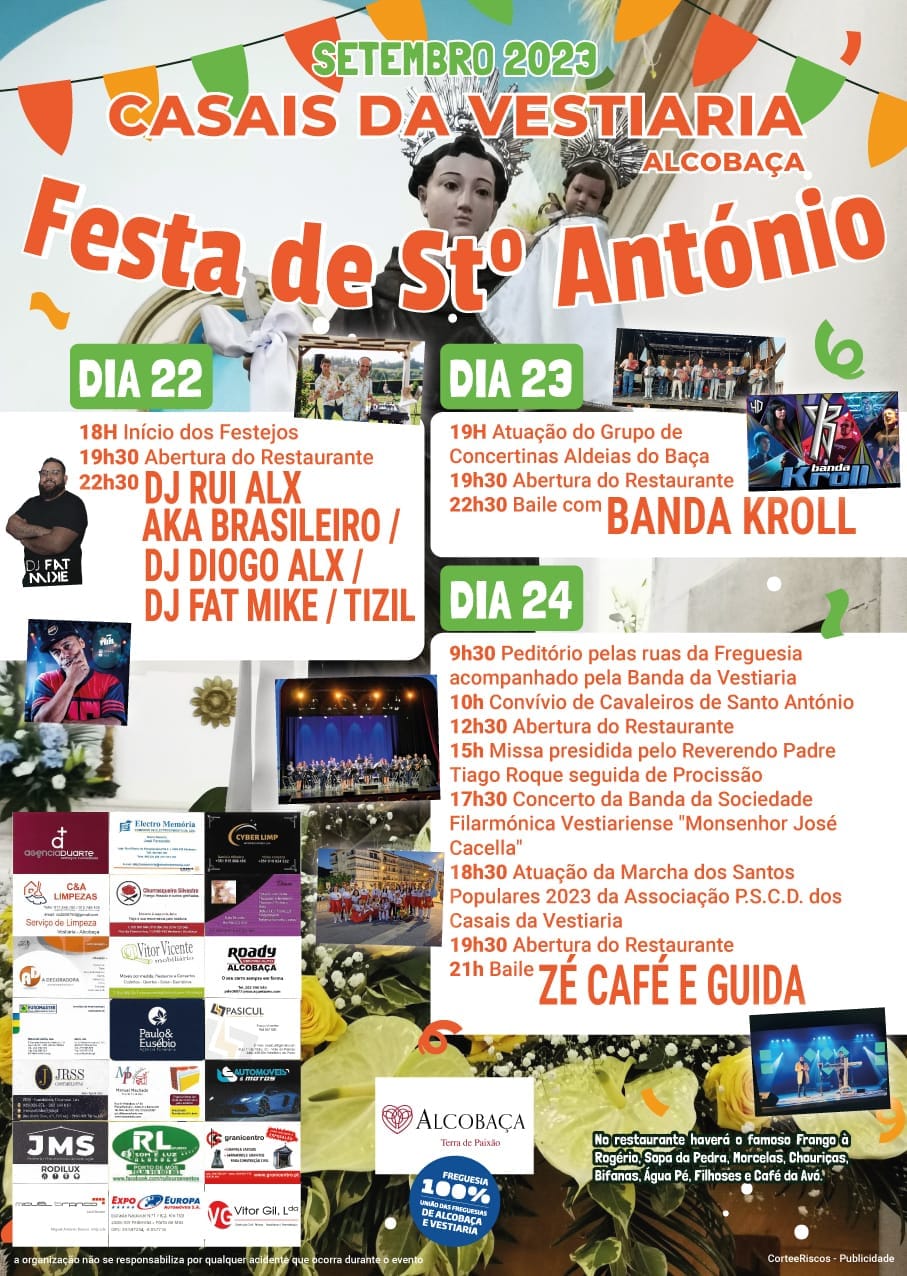 Cartaz da Festa de Santo António em Casais da Vestiaria, Alcobaça, anunciada para 22 a 24 de setembro de 2023. Apresenta o programa de música, baile, missa, procissão e restauração.