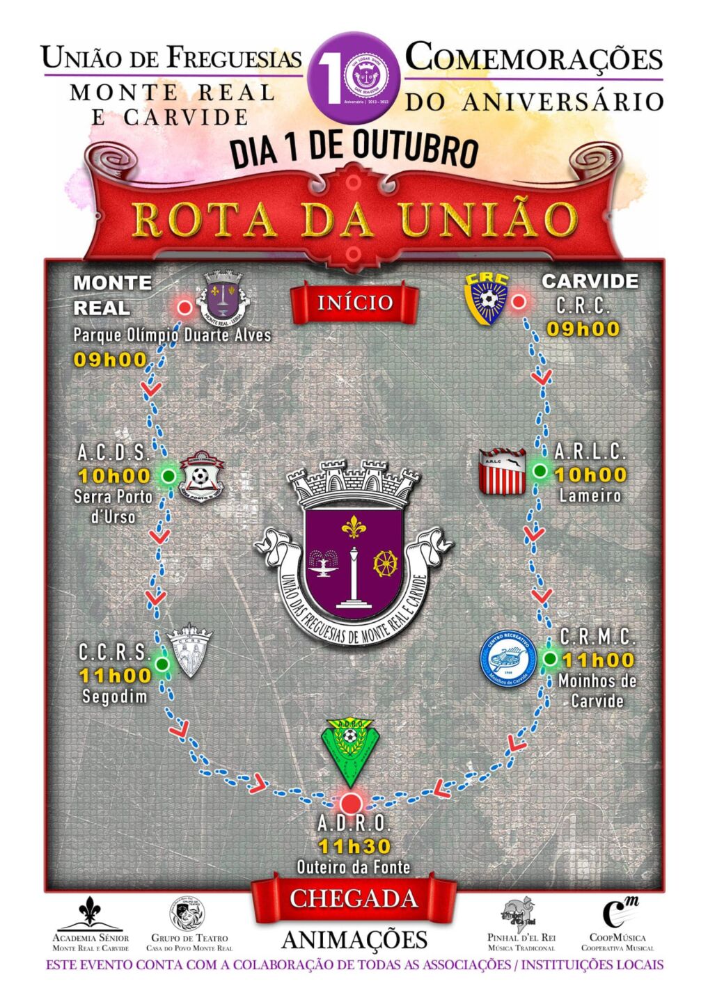 Cartaz da «Rota da União», integrada nas comemorações do aniversário da União de Freguesias de Monte Real e Carvide. Apresenta um percurso com partidas às 09h00, paragens intermédias e chegada às 11h30 ao Outeiro da Fonte, no dia 1 de outubro.