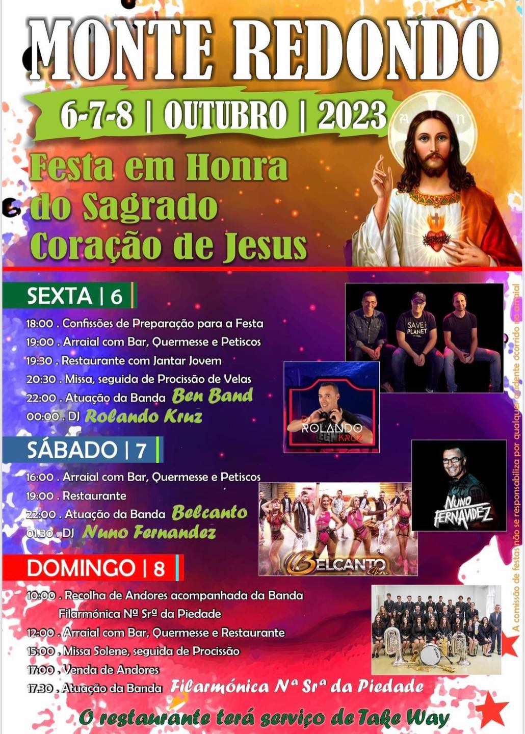 Cartaz da Festa em Honra do Sagrado Coração de Jesus, em Monte Redondo, de 6 a 8 de outubro de 2023. Apresenta o programa religioso e musical dos três dias.