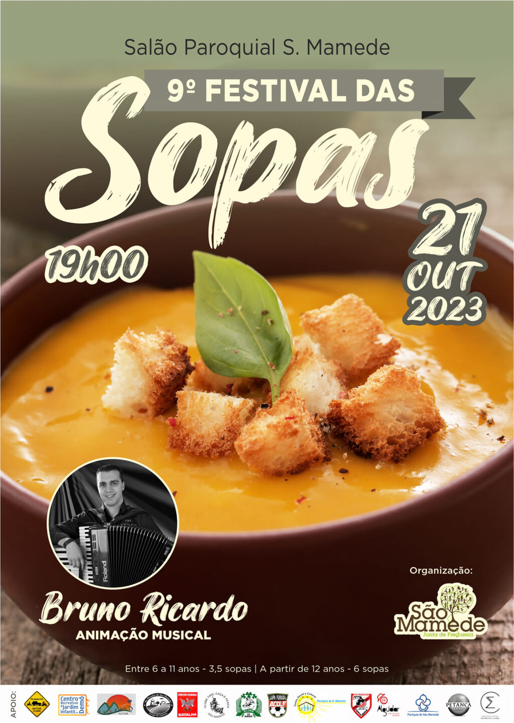 Cartaz do 9.º Festival das Sopas, no Salão Paroquial de S. Mamede, a 21 de outubro de 2023, com animação musical de Bruno Ricardo. A imagem destaca uma tigela de sopa e os preços de entrada.
