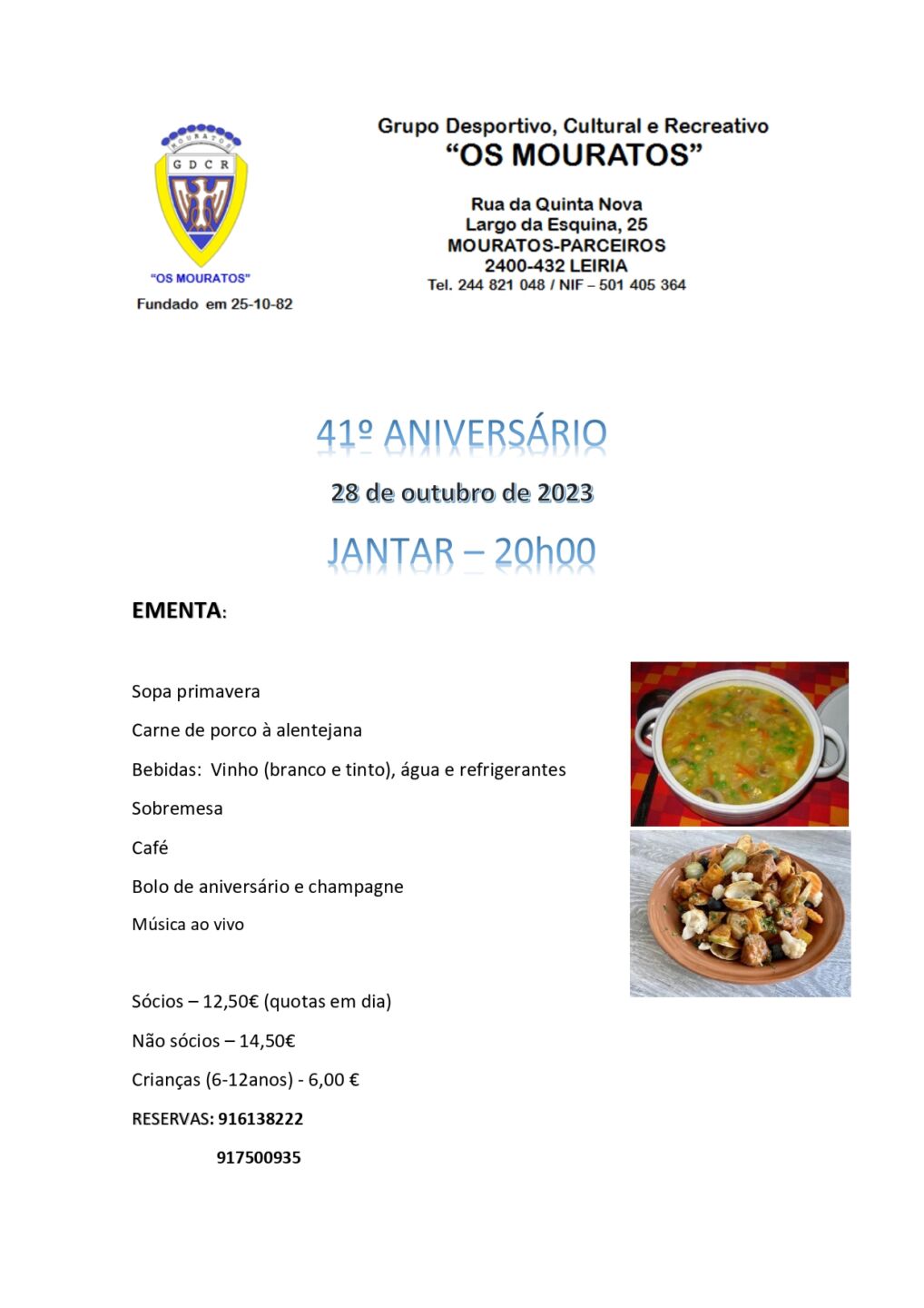 Cartaz do 41.º aniversário do Grupo Desportivo, Cultural e Recreativo «Os Mouratos», em Mouratos-Parceiros, Leiria. Anuncia um jantar para 28 de outubro de 2023, às 20h00, com ementa, preços e contactos para reservas.