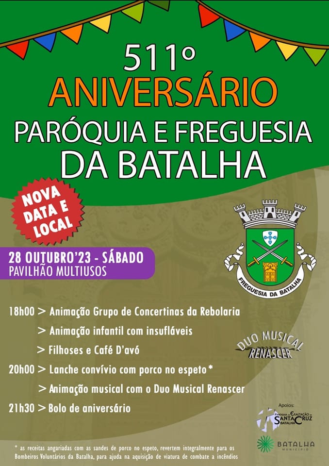 Cartaz do 511.º aniversário da Paróquia e Freguesia da Batalha, marcado para 28 de outubro de 2023 no Pavilhão Multiusos. O programa inclui animação, lanche-convívio e bolo de aniversário.
