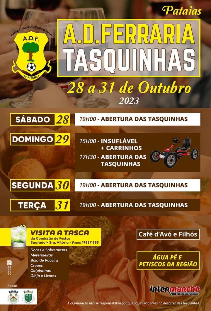 Cartaz das tasquinhas da A.D. Ferraria, anunciadas para 28 a 31 de outubro de 2023. Apresenta horários de abertura, atividades e opções de comida e bebida.