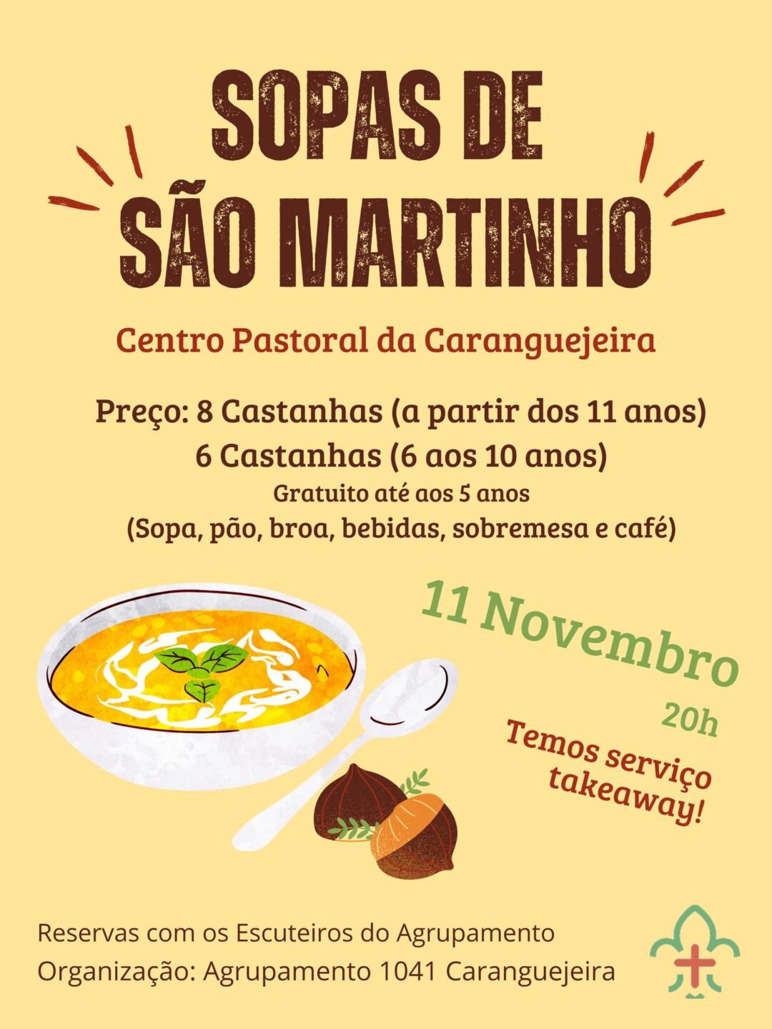 Cartaz de uma festa de São Martinho no Centro Pastoral da Caranguejeira, a 11 de novembro, às 20h. Indica preços em castanhas por faixa etária, serviço de takeaway e reservas com os escuteiros do Agrupamento 1041 Caranguejeira.
