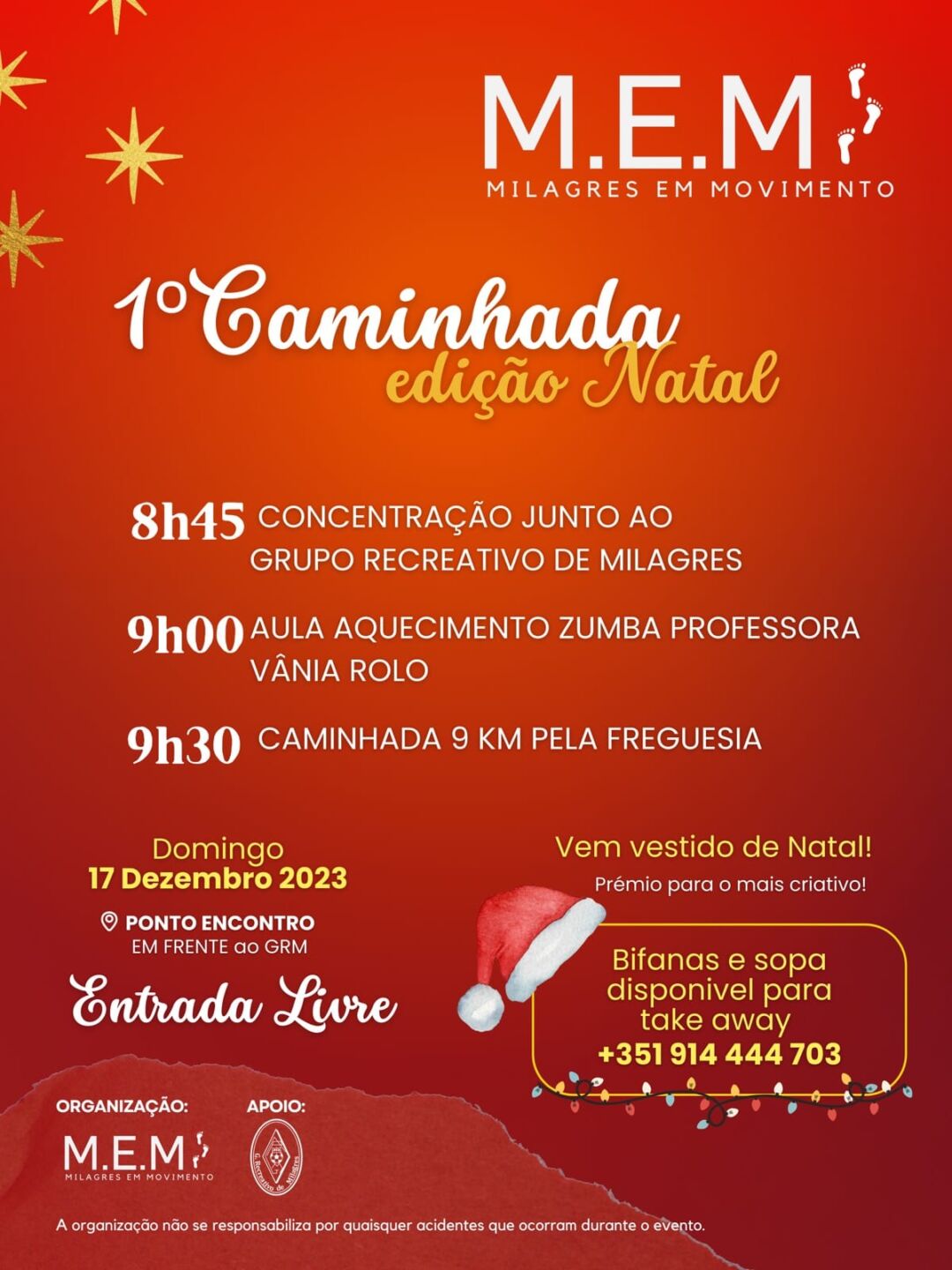 Cartaz da 1.ª Caminhada de Natal organizada por Milagres em Movimento, marcada para 17 de dezembro de 2023. Anuncia um percurso de 9 km pela freguesia, com aquecimento de zumba antes da caminhada.