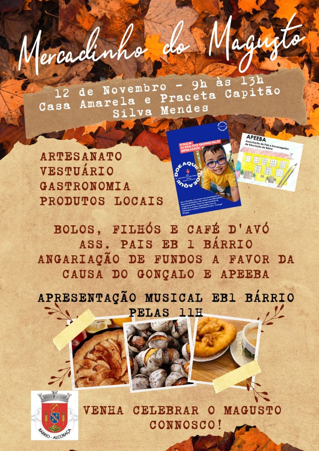 Cartaz do Mercadinho do Magusto, anunciado para 12 de novembro, das 9h às 13h, na Casa Amarela e na Praceta Capitão Silva Mendes. Divulga artesanato, vestuário, gastronomia e produtos locais, com angariação de fundos a favor da causa do Gonçalo e da APEEBA.