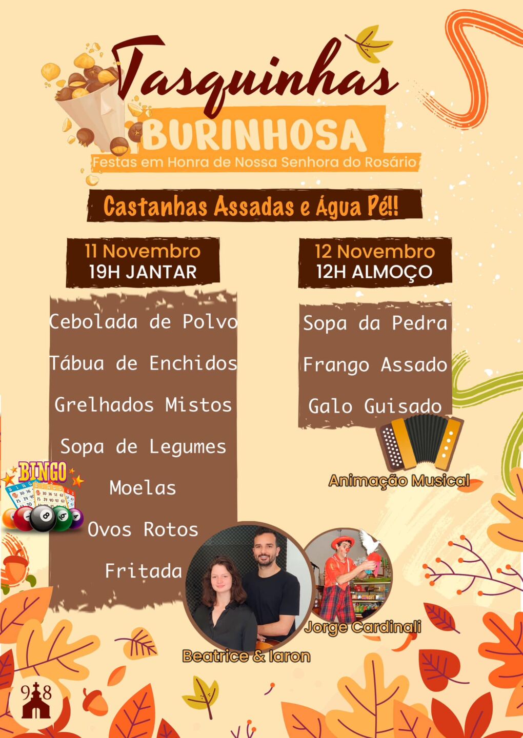 Cartaz das Tasquinhas Burinhosa, integradas nas festas em honra de Nossa Senhora do Rosário. Anuncia jantares a 11 de novembro, almoços a 12 de novembro, castanhas assadas, água-pé e animação musical.