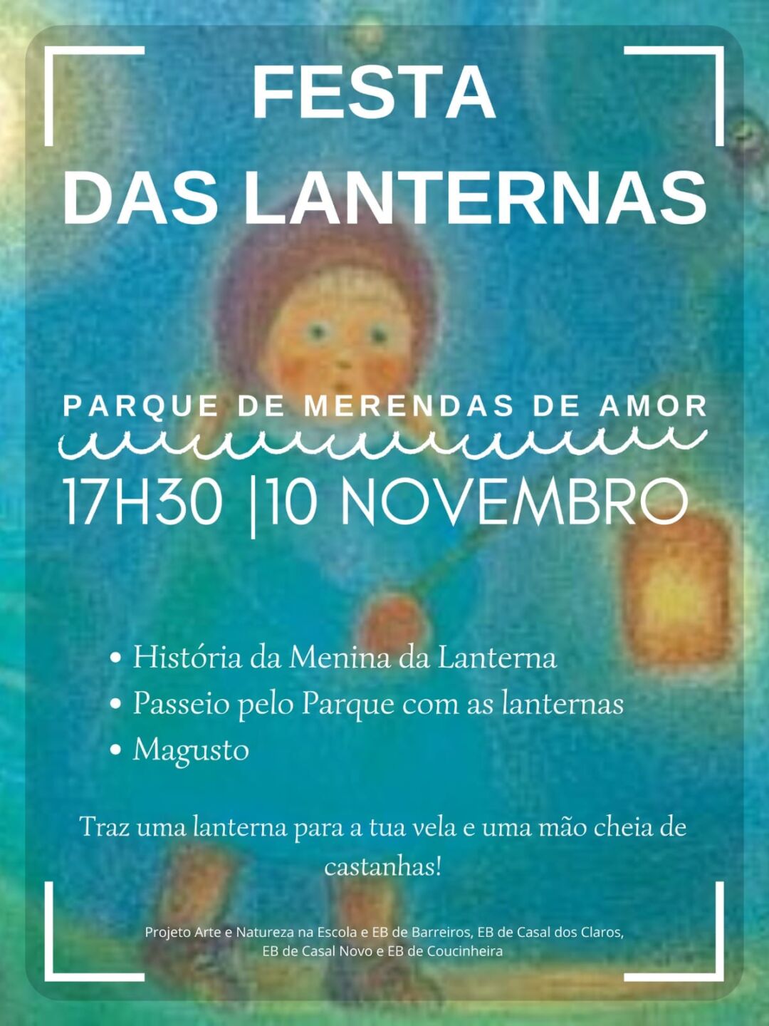 Cartaz da Festa das Lanternas no Parque de Merendas de Amor, marcada para 10 de novembro às 17h30. O programa inclui uma história, um passeio com lanternas e um magusto.