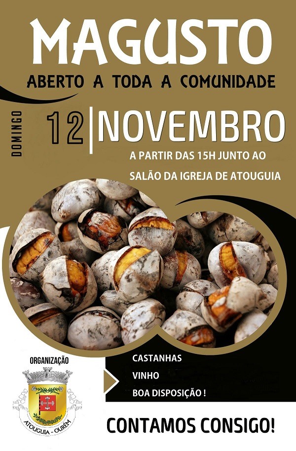 Cartaz de um magusto aberto à comunidade, marcado para domingo, 12 de novembro, a partir das 15h, no salão da igreja de Atouguia. Anuncia castanhas e vinho.