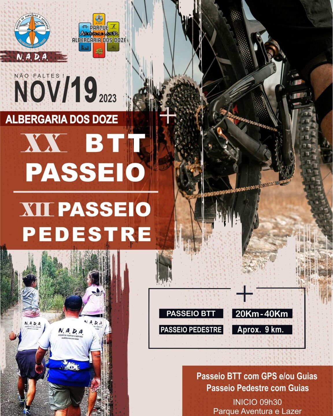 Cartaz de divulgação do XX passeio BTT e do XII passeio pedestre em Albergaria dos Doze, marcado para 19 de novembro de 2023. Indica percursos de 20 a 40 km para BTT e de cerca de 9 km para caminhada.