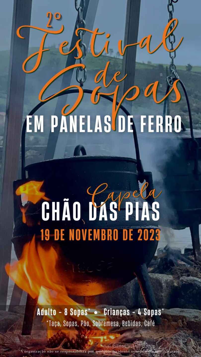 Cartaz do 2.º Festival de Sopas em Panelas de Ferro, anunciado para 19 de novembro de 2023 na Capela, Chão das Pias. A imagem mostra panelas de ferro sobre uma fogueira.