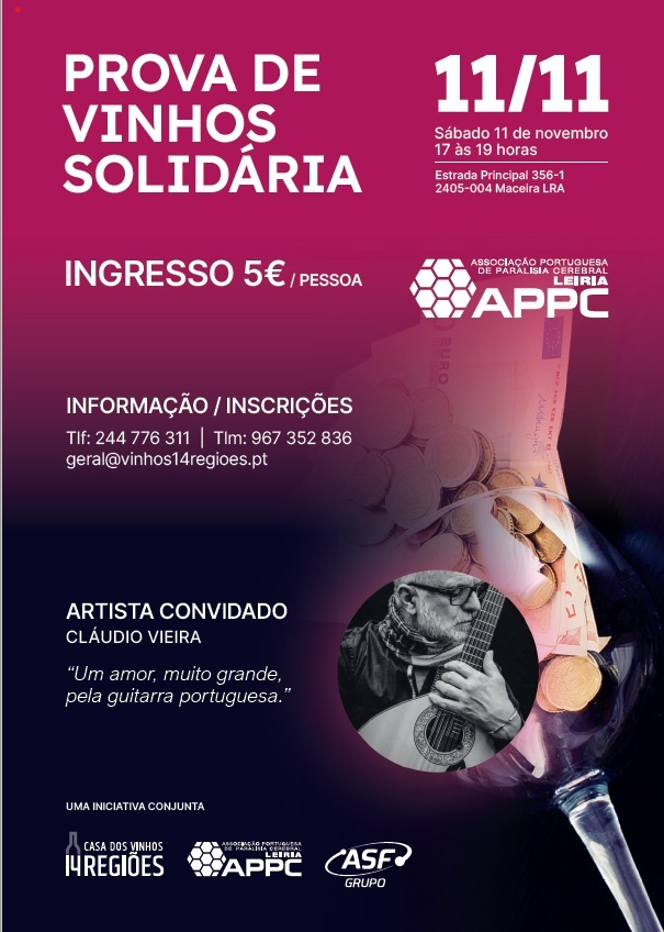 Cartaz de uma prova de vinhos solidária marcada para 11 de novembro, na Madeira. A entrada custa 5 € por pessoa e o artista convidado é Cláudio Vieira.
