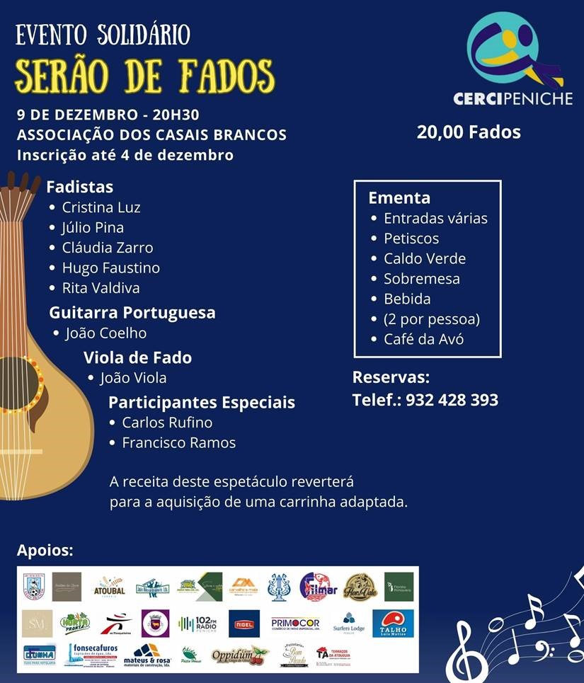 Cartaz de um serão de fados solidário, marcado para 9 de dezembro, às 20h30, na Associação dos Casais Brancos. A receita destina-se à aquisição de uma carrinha adaptada.