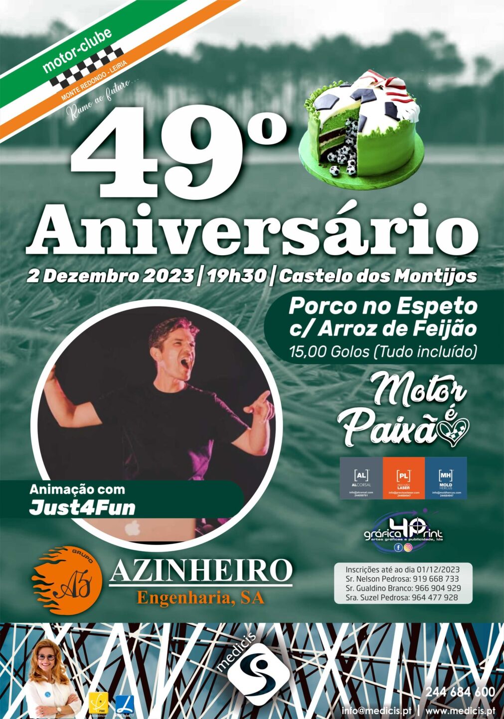Cartaz do 49.º aniversário do Motor-Clube de Monte Redondo, Leiria, marcado para 2 de dezembro de 2023, às 19h30, em Castelo dos Montijos. Anuncia jantar com porco no espeto e arroz de feijão, com animação de Just4Fun.