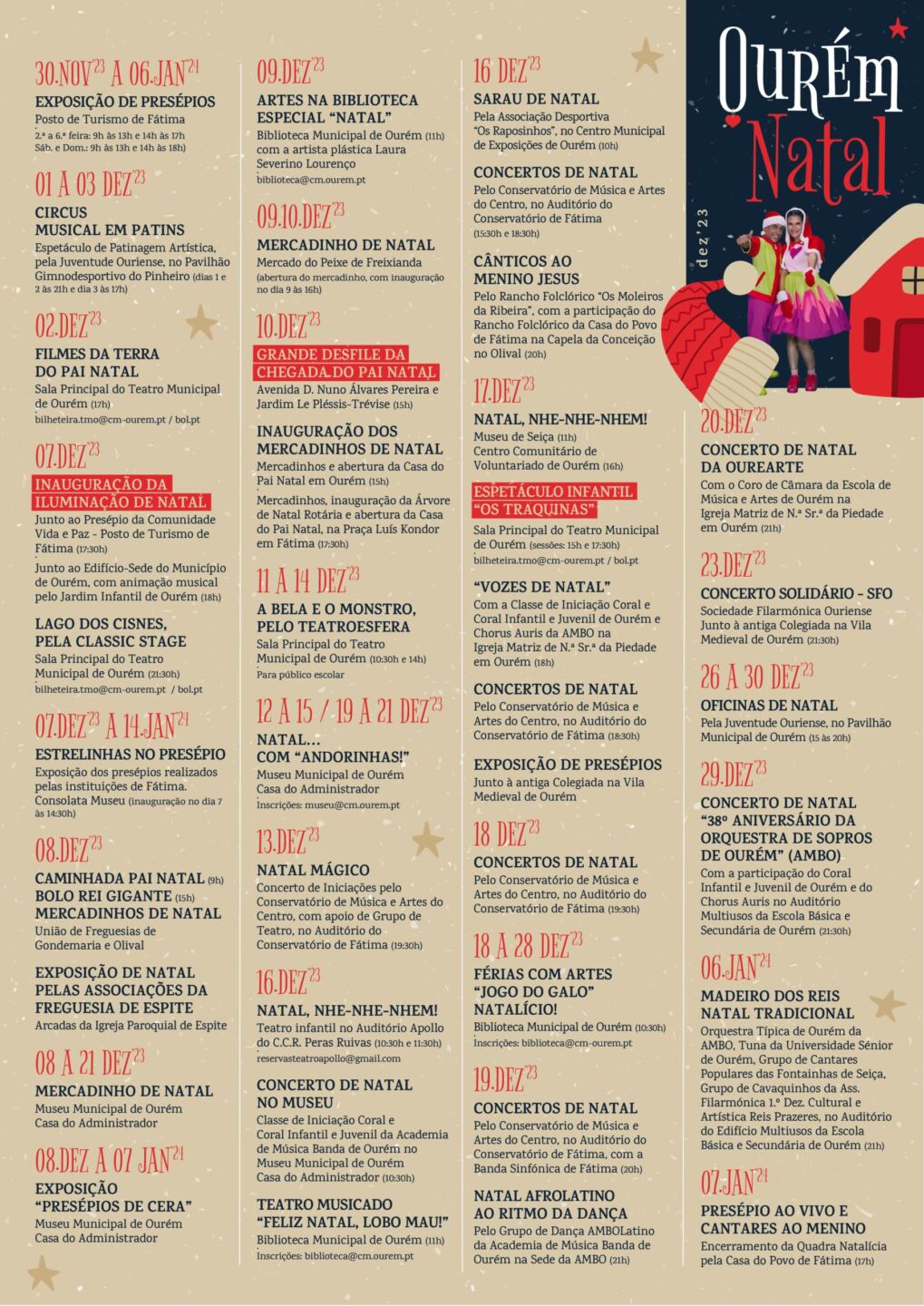 Cartaz «Ourém Natal» com a programação de eventos natalícios em Ourém e Fátima, de 30 de novembro a 14 de janeiro. Anuncia presépios, mercados, concertos, teatro e atividades infantis.