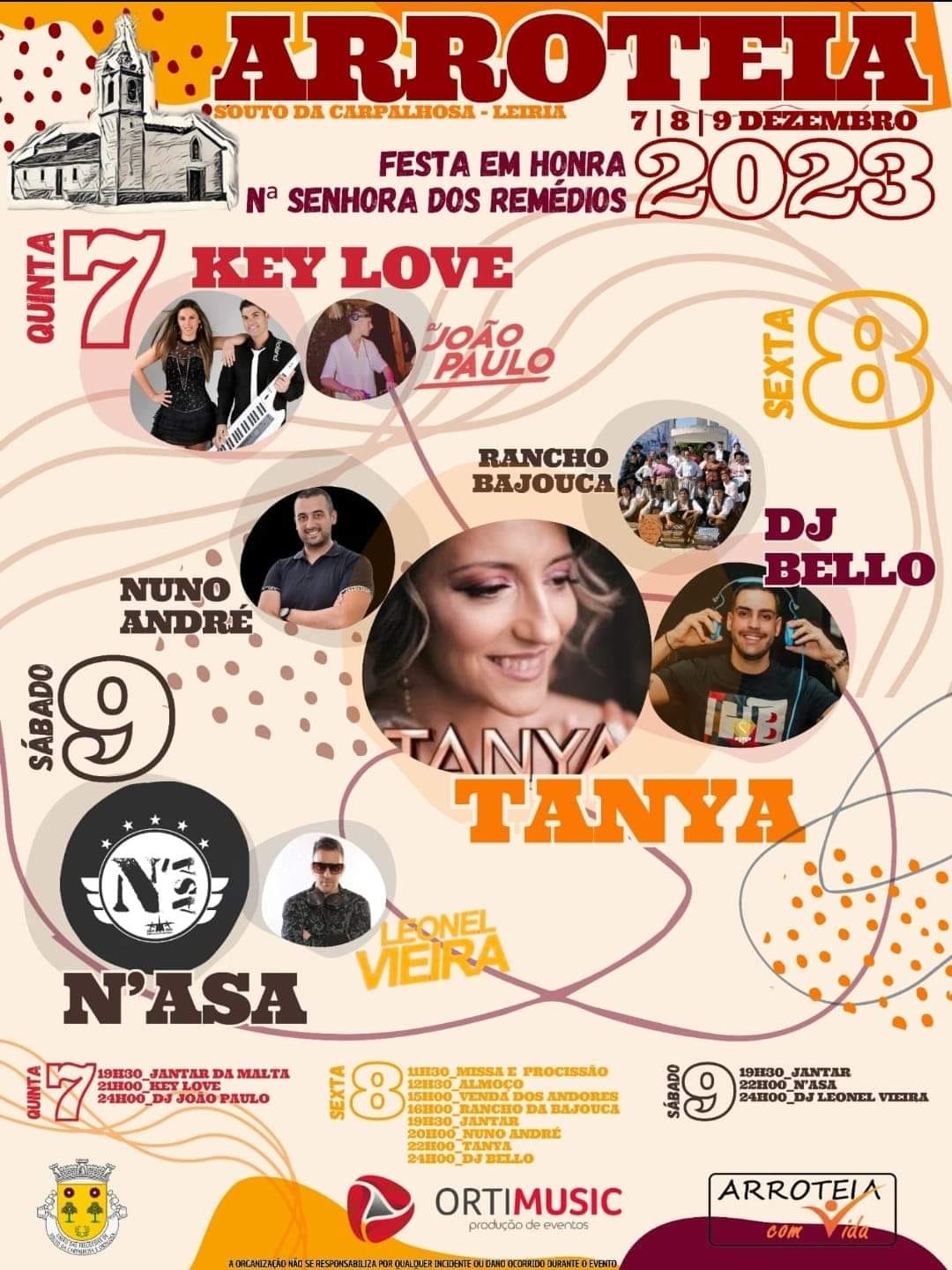 Cartaz da festa em honra de Nossa Senhora dos Remédios, em Arroteia, de 7 a 9 de dezembro de 2023. Apresenta o programa de atuações musicais dos três dias.