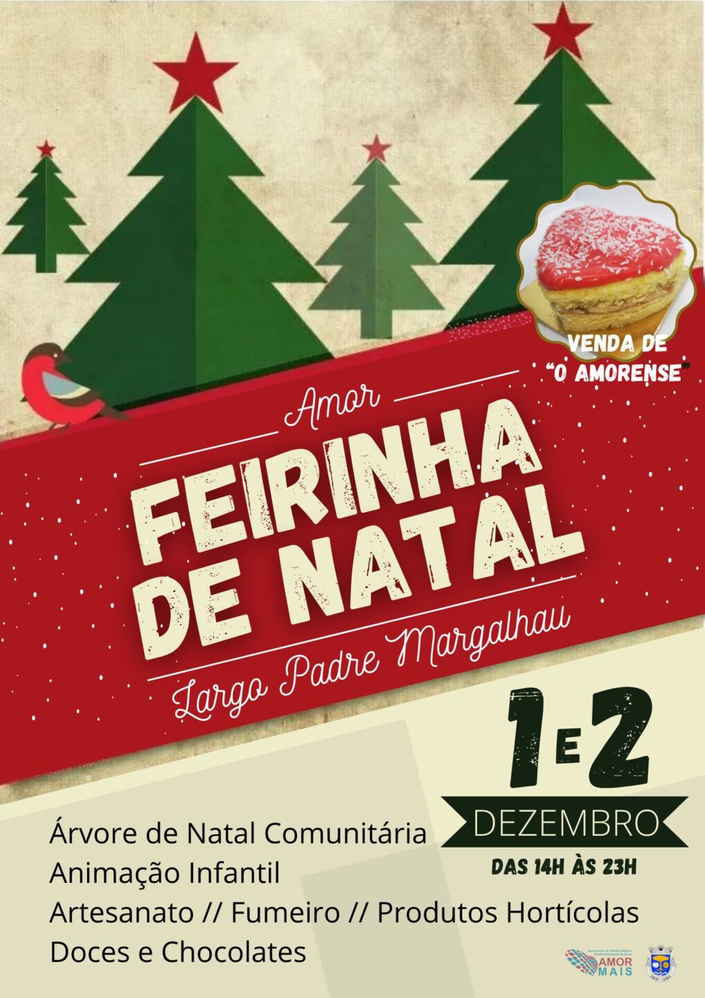Cartaz da Feirinha de Natal no Largo Padre Margalhau, anunciada para 1 e 2 de dezembro, das 14h às 23h. Destaca uma árvore de Natal comunitária, animação infantil, artesanato, produtos hortícolas e doces.