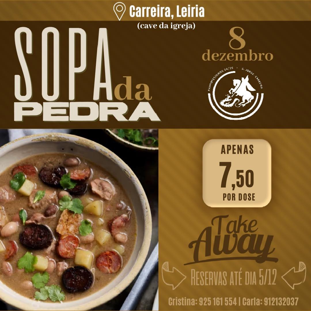 Cartaz de divulgação de sopa da pedra para levar no dia 8 de dezembro, na Carreira, Leiria. O preço anunciado é de 7,50 € por dose, com reservas até 5 de dezembro.