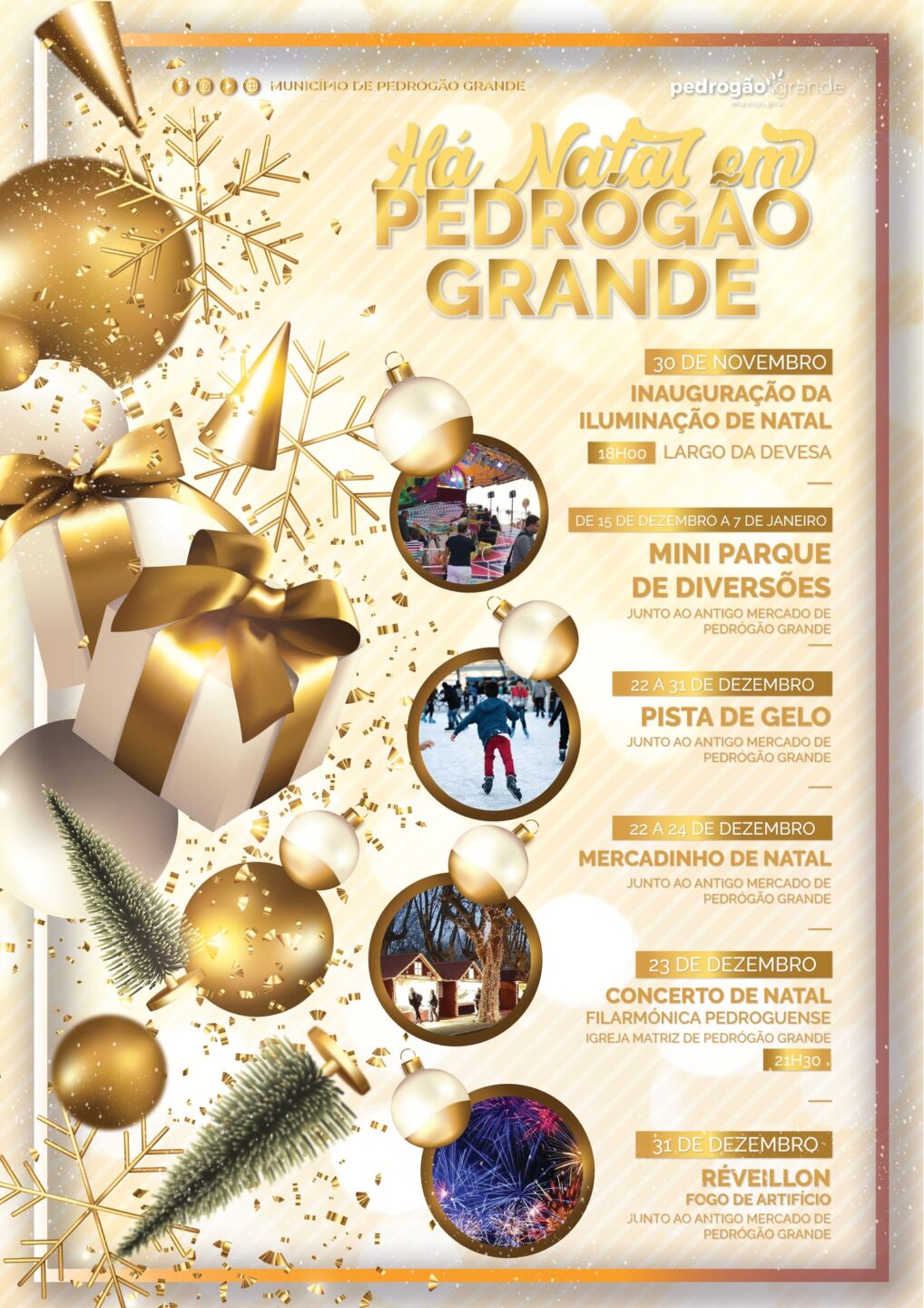 Cartaz do programa de Natal em Pedrógão Grande, com eventos entre 30 de novembro e 7 de janeiro. Anuncia a inauguração da iluminação de Natal, diversões, pista de gelo, mercadinho, concerto e fogo de artifício na passagem de ano.