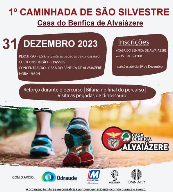 Cartaz da 1.ª Caminhada de São Silvestre, organizada pela Casa do Benfica de Alvaiázere para 31 de dezembro de 2023. Anuncia um percurso de 8,5 km com visita às pegadas de dinossauro.