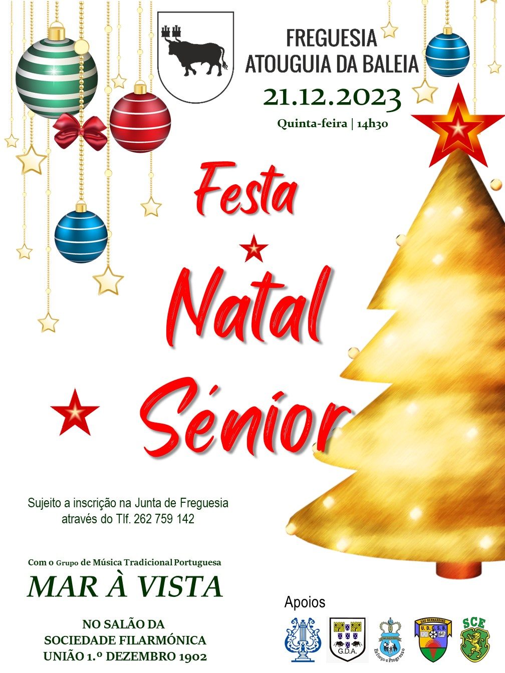 Cartaz da Festa de Natal Sénior da Freguesia de Atouguia da Baleia, marcada para 21 de dezembro de 2023, às 14h30. O evento é anunciado para o salão da Sociedade Filarmónica União 1.º Dezembro 1902, com o grupo de música tradicional portuguesa Mar à Vista.