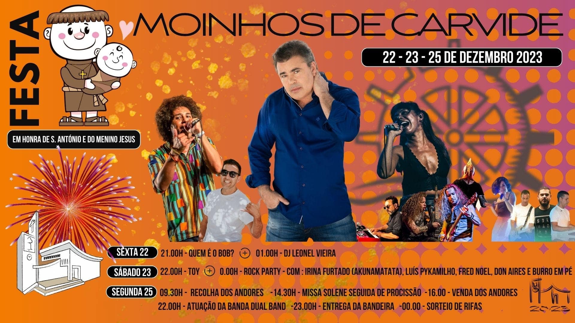 Cartaz da Festa dos Moinhos de Carvide, em honra de Santo António e do Menino Jesus, anunciada para 22, 23 e 25 de dezembro de 2023. O programa inclui música, missa, procissão e venda dos andores.
