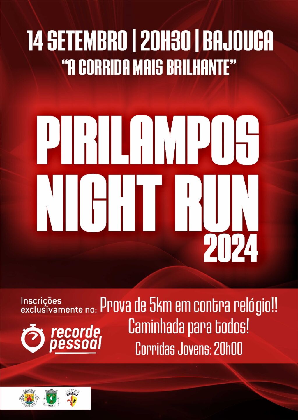Cartaz da Pirilampos Night Run 2024, anunciada para 14 de setembro, às 20h30, na Bajouca. Divulga uma prova de 5 km em contrarrelógio, uma caminhada e corridas jovens.