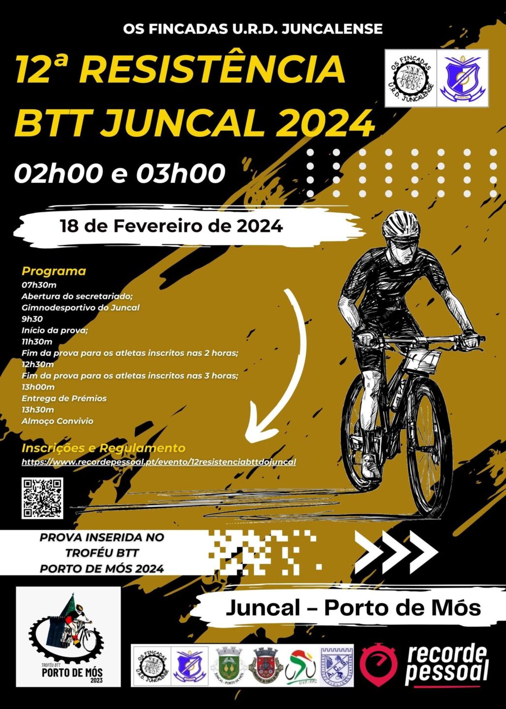 Cartaz da 12.ª Resistência BTT Juncal 2024, marcada para 18 de fevereiro de 2024, no Juncal, Porto de Mós. Anuncia provas de duas e três horas e apresenta o programa do evento.