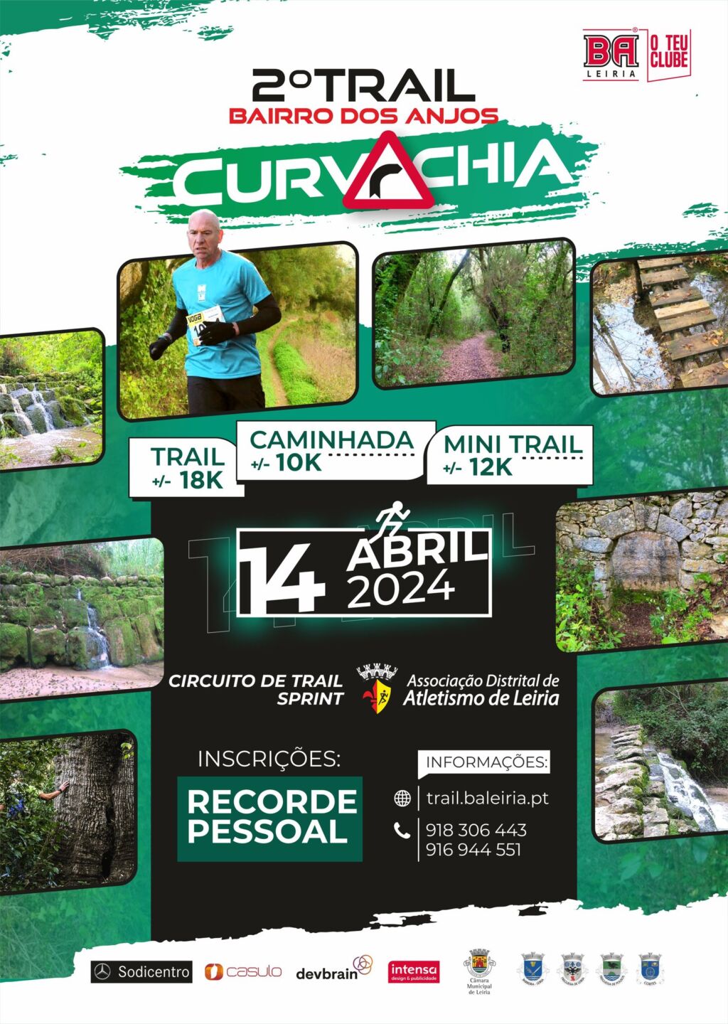 Cartaz da 2.ª edição do Trail Bairro dos Anjos – Curvachia, anunciada para 14 de abril de 2024. Apresenta percursos de trail, mini trail e caminhada, com imagens de um corredor e de trilhos naturais.
