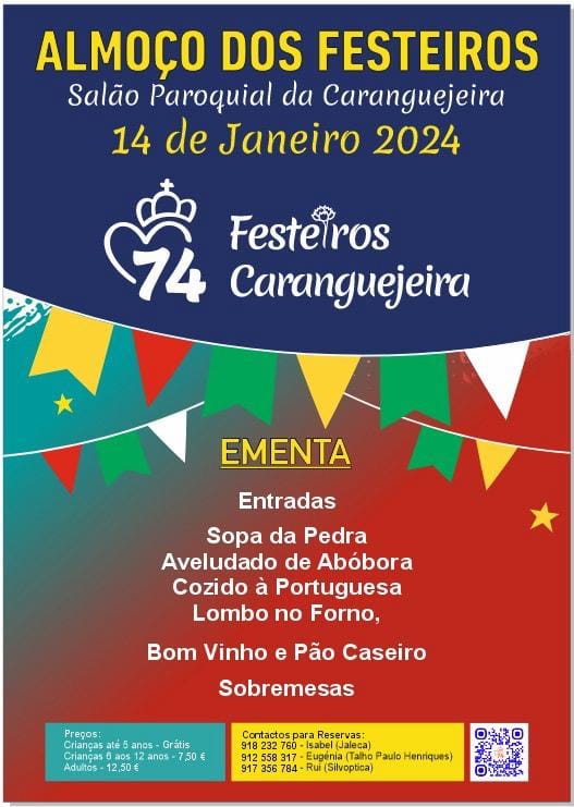 Cartaz do Almoço dos Festeiros da Caranguejeira, marcado para 14 de janeiro de 2024 no Salão Paroquial da Caranguejeira. Apresenta a ementa, os preços e os contactos para reservas.