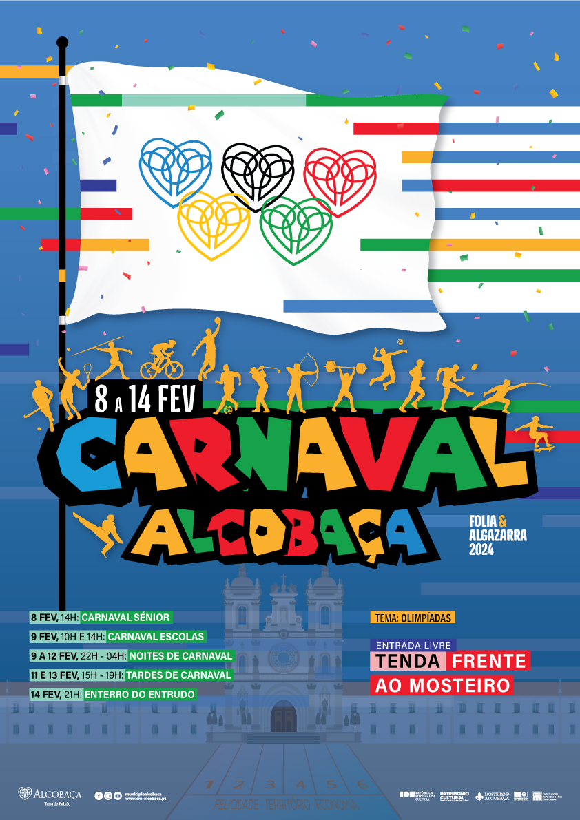 Cartaz do Carnaval de Alcobaça 2024, de 8 a 14 de fevereiro, com o tema «Olimpíadas». Anuncia desfiles, noites e tardes de Carnaval, com entrada livre na tenda em frente ao mosteiro.